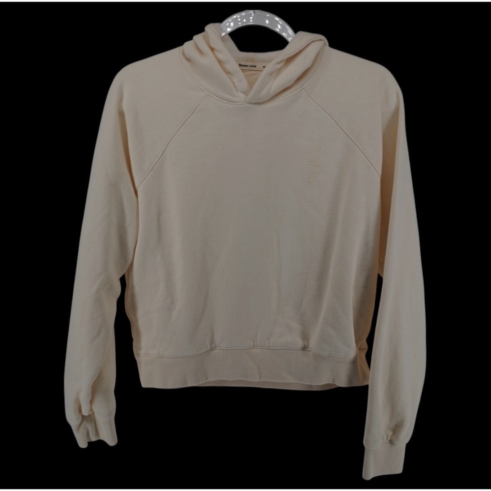 Marine Layer Womens Cream Embroidered Lightning Bolt Cropped Fleece Hoodie M